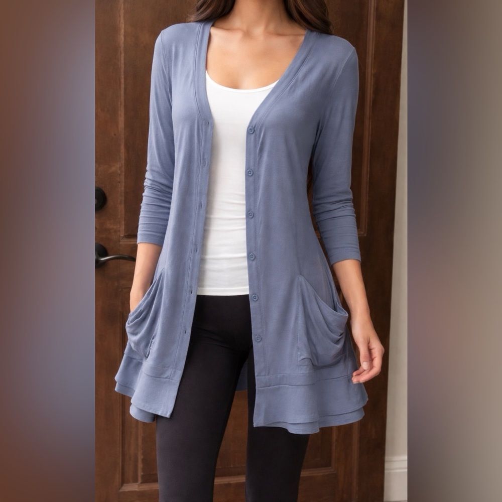 LOGO Dusty Blue Flounce Cardigan
